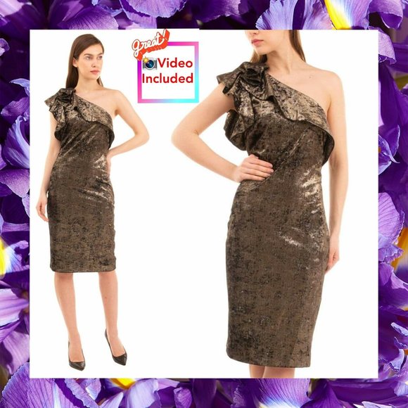 Badgley Mischka Dresses & Skirts - $650 New BADGLEY MISCHKA Gold Bronze Bodycon Midi Dress 8 MEDIUM  One Shoulder